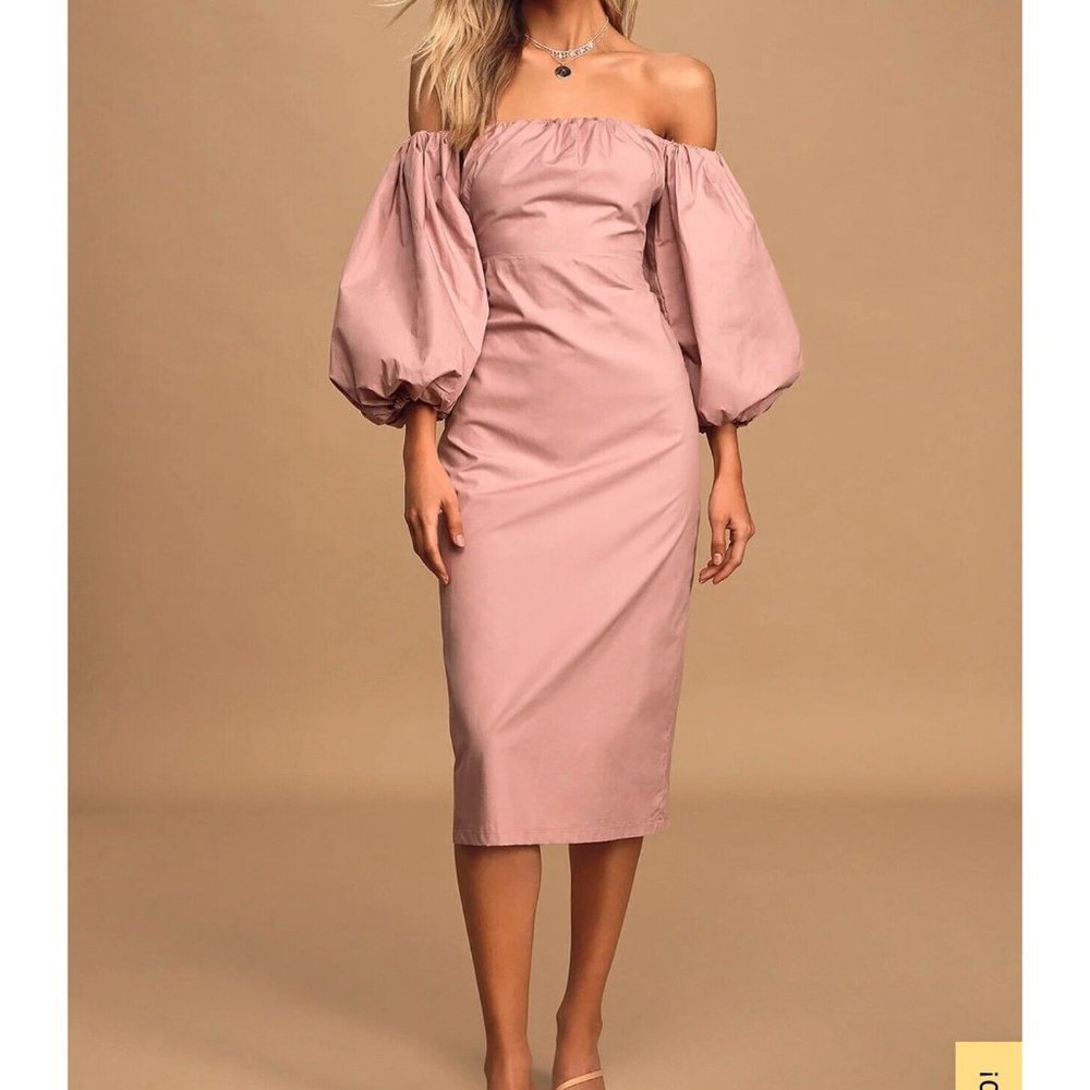 NWT Lulus Women's Feel the Love Mauve Off-the-Shoulder Puff Sleeve Midi Dress XS